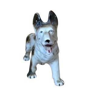 Vintage Made in Japan German Shepherd Porcelain Dog Figurine Spotted White Brown
